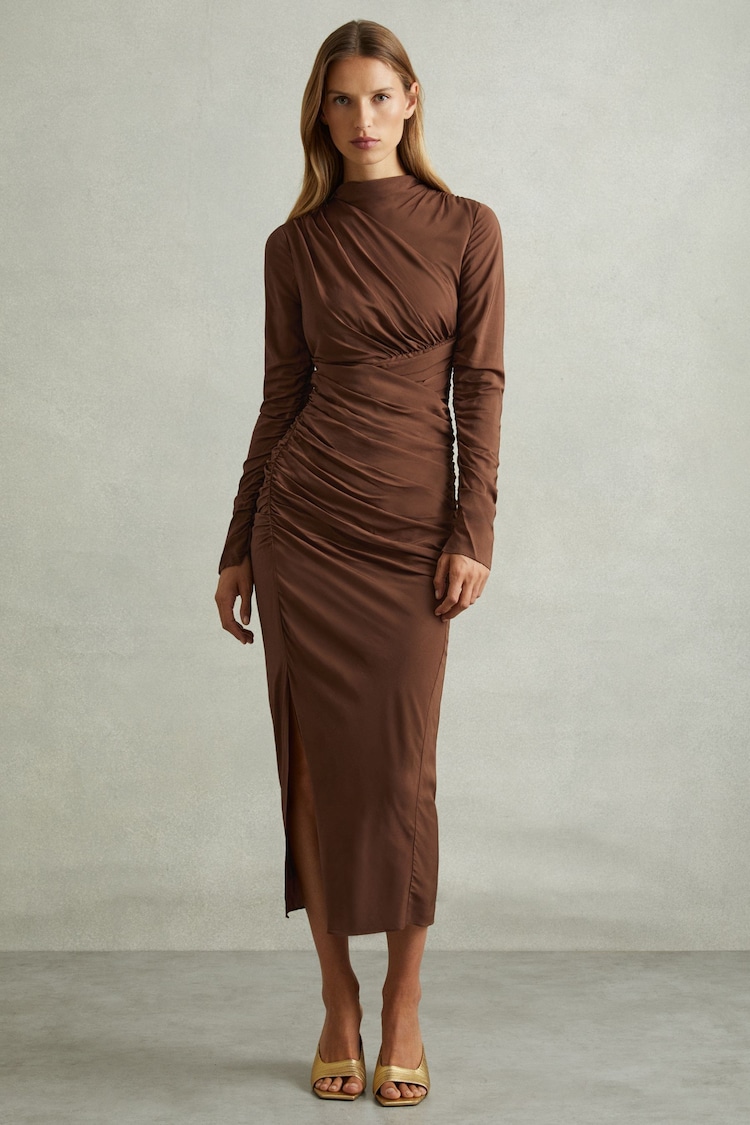 Reiss Chocolate Kelly Jersey Ruched Midi Dress - Image 1 of 6