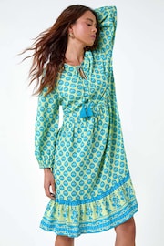 Roman Blue Border Print Tassel Smock Dress - Image 2 of 5