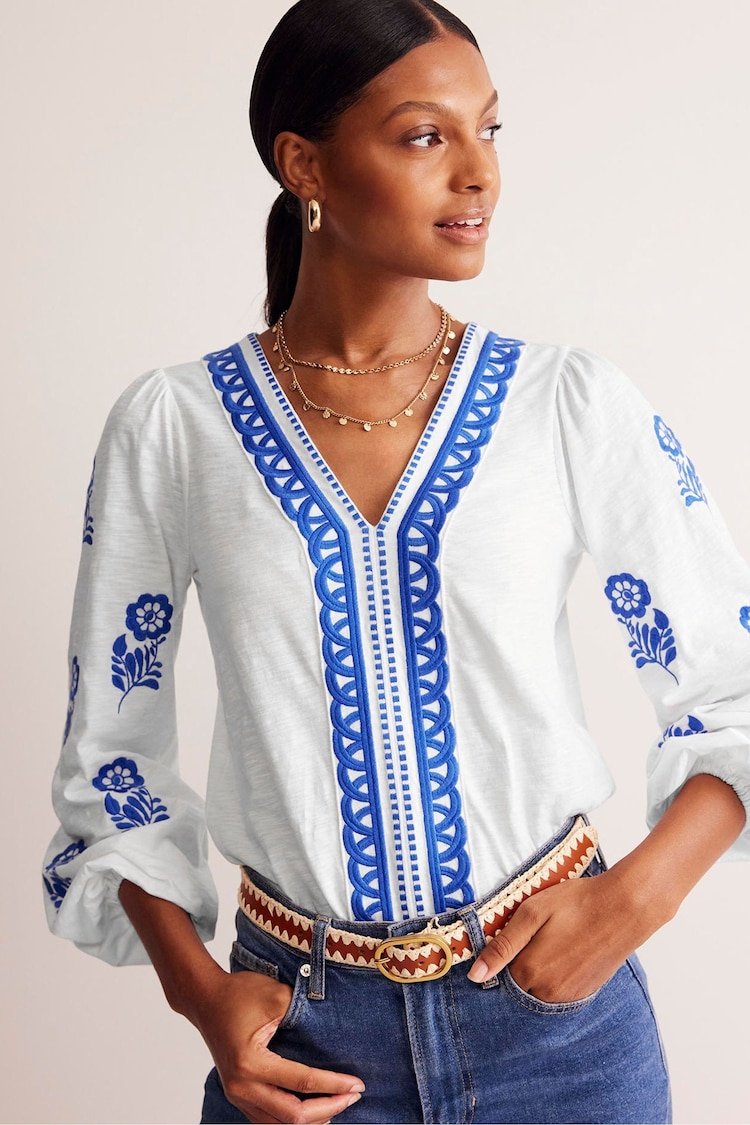 Boden White Embroidered V-Neck Top - Image 1 of 5