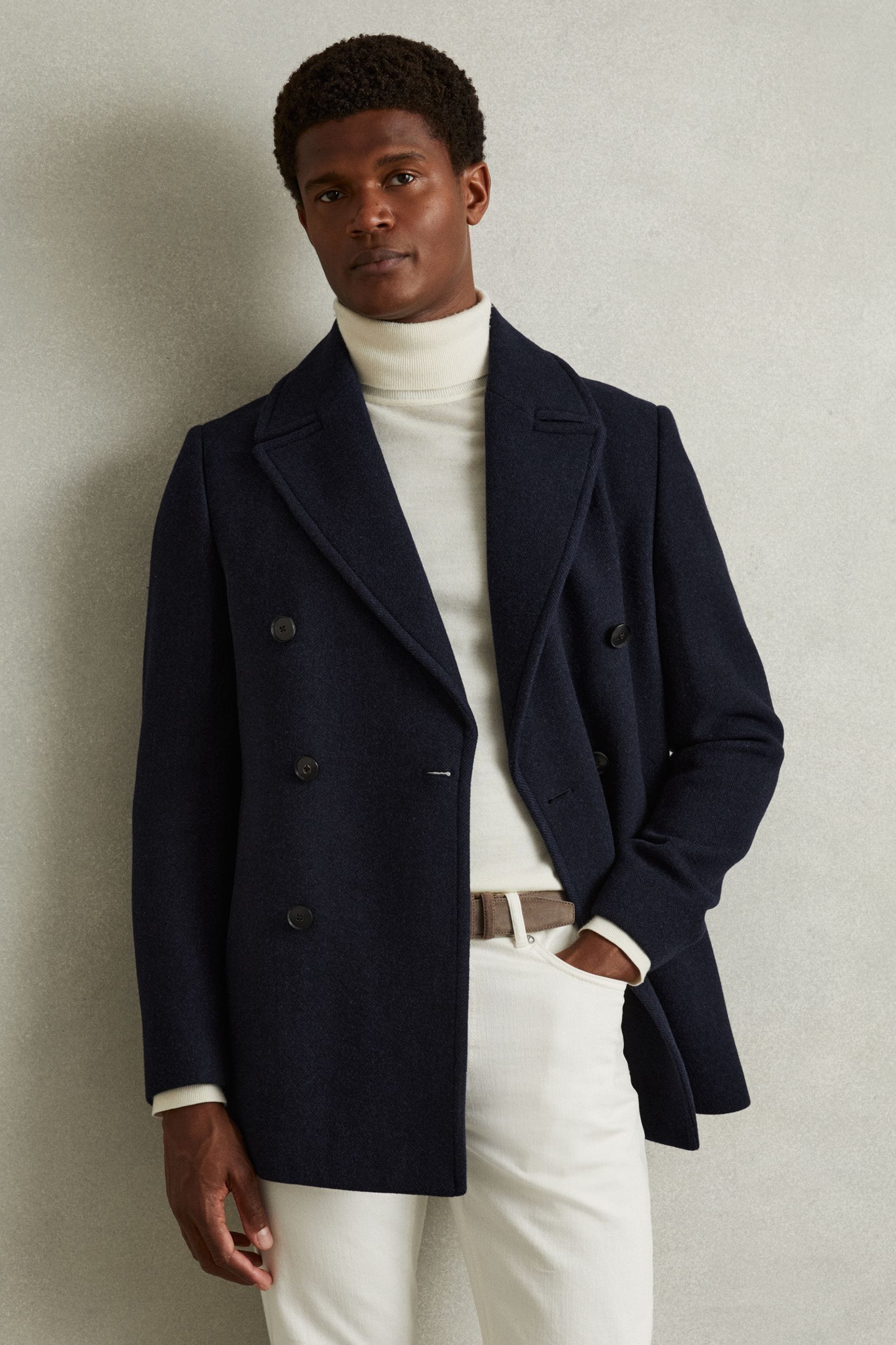 Reiss Navy Herringbone Bergamo Wool Blend Double Breasted Peacoat