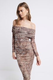 River Island Brown Bardot Mesh Midi Dress - Image 1 of 4