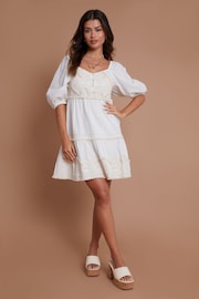 Another Sunday Cream Puff Sleeve Palm Embroidered Tiered 100% Cotton Mini Dress - Image 1 of 1