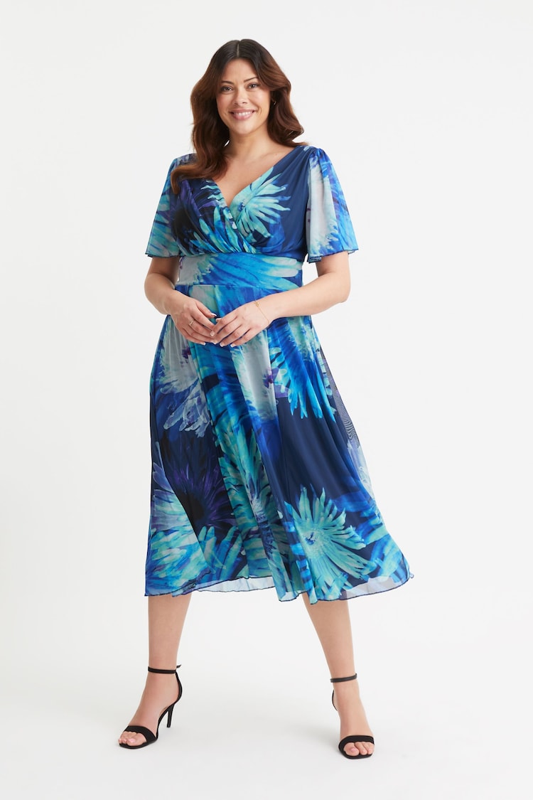 Scarlett & Jo Blue Victoria Angel Sleeve Mesh Midi Long Dress - Image 1 of 4