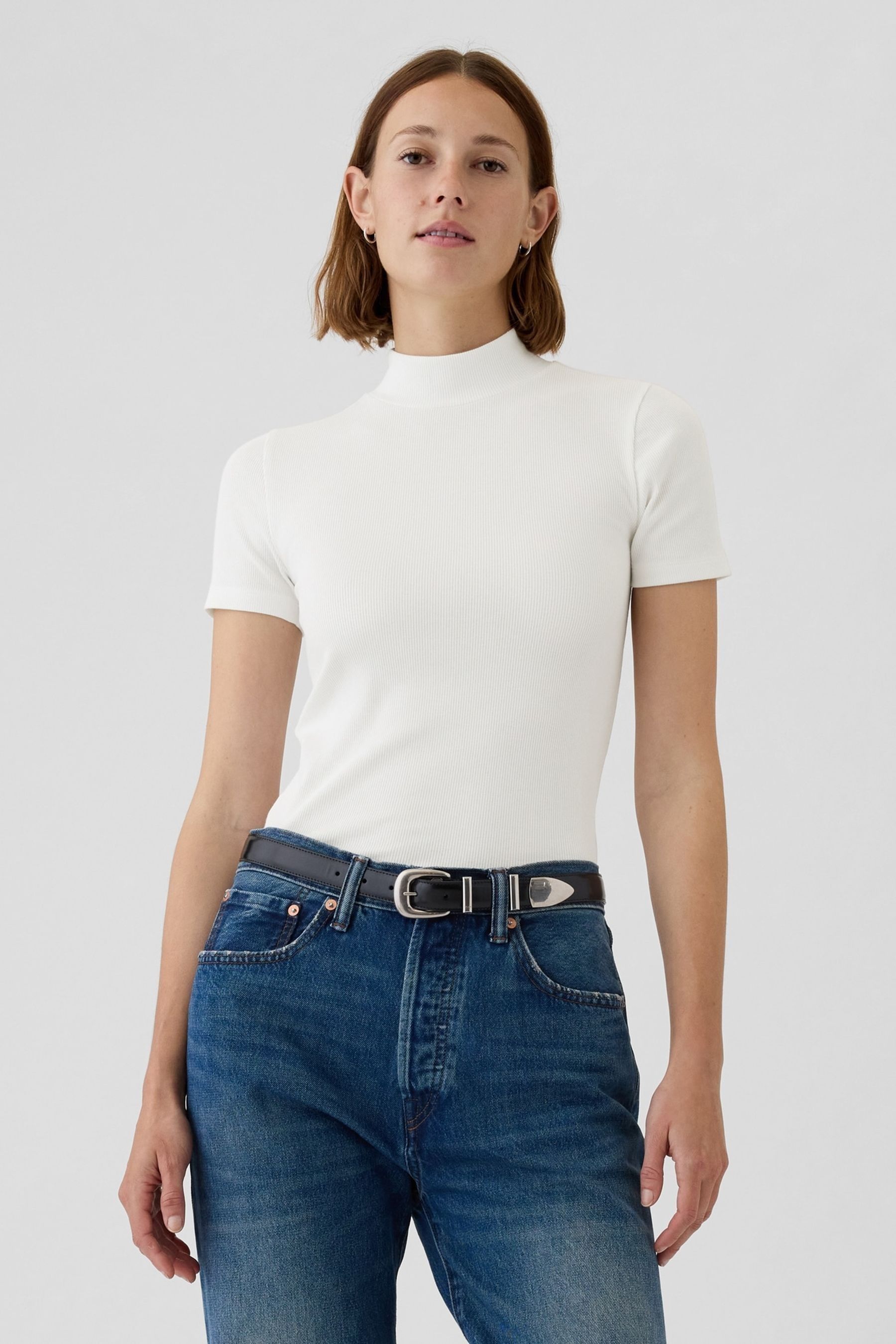 Buy Gap White Modern Cotton Modal Ribbed Mock Neck Short Sleeve T Shirt from Next Luxembourg