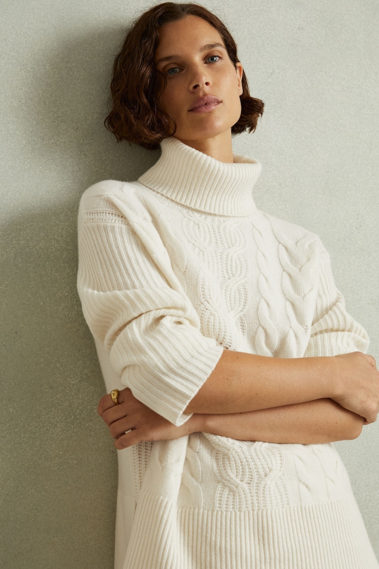 Reiss Cream Carina Wool-Cashmere Cable Knit Roll Neck Jumper - Image 1 of 7