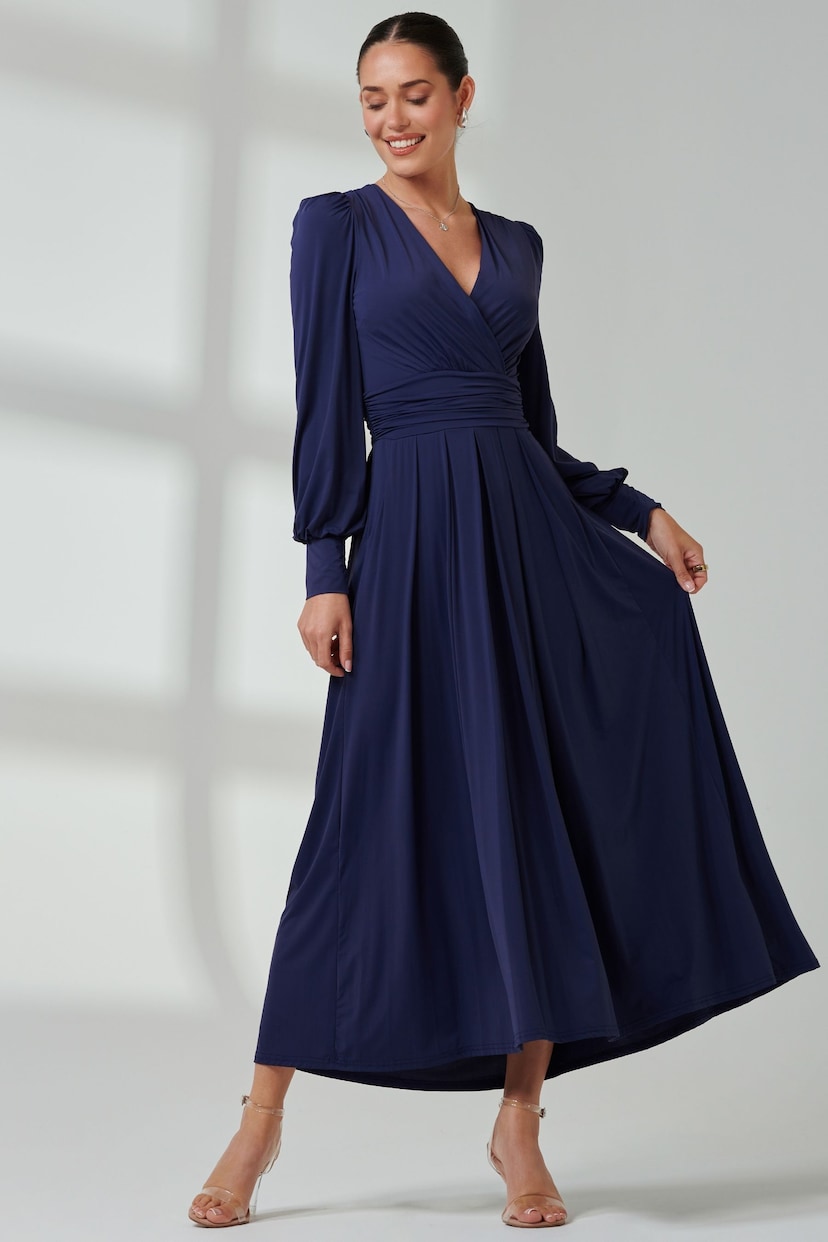 Jolie Moi Navy Blue Long  Sleeve Soft Silky Jersey Maxi Dress - Image 1 of 6