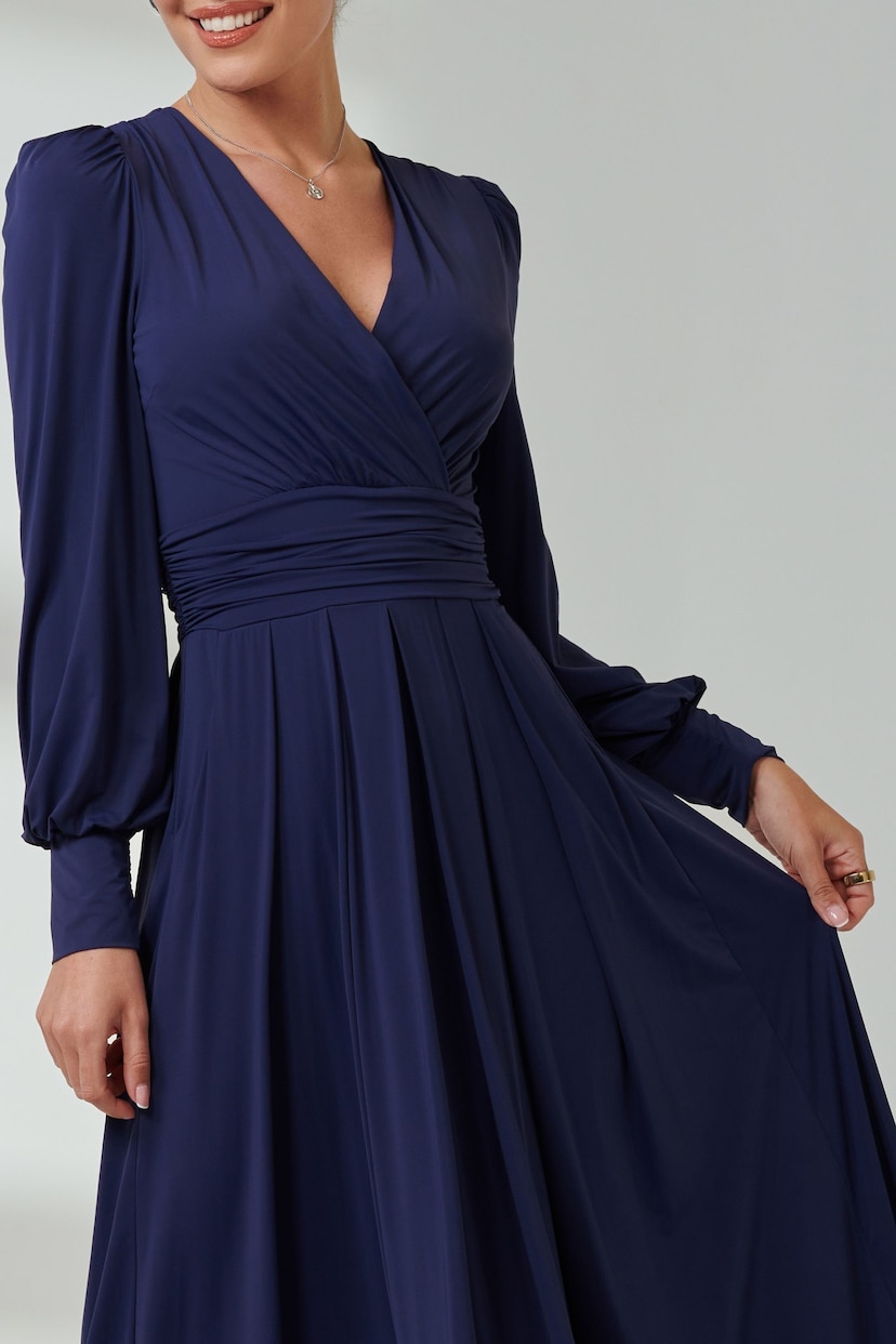 Jolie Moi Navy Blue Long  Sleeve Soft Silky Jersey Maxi Dress - Image 3 of 6
