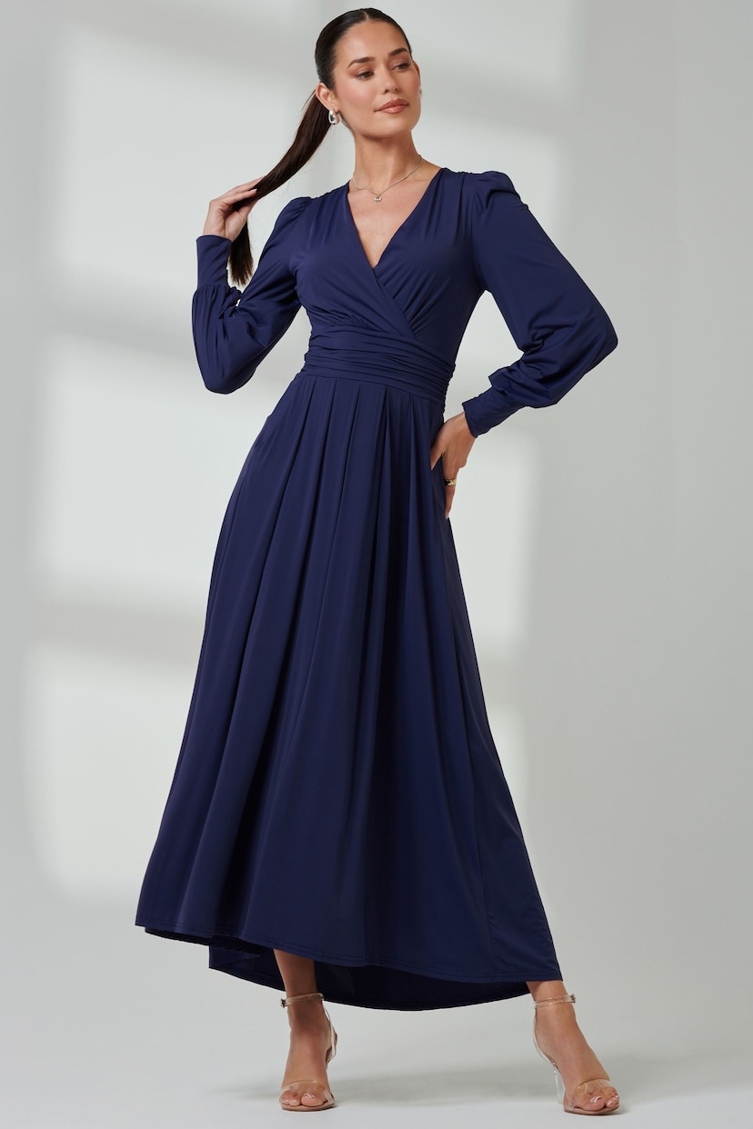 Jolie Moi Navy Blue Long  Sleeve Soft Silky Jersey Maxi Dress - Image 4 of 6