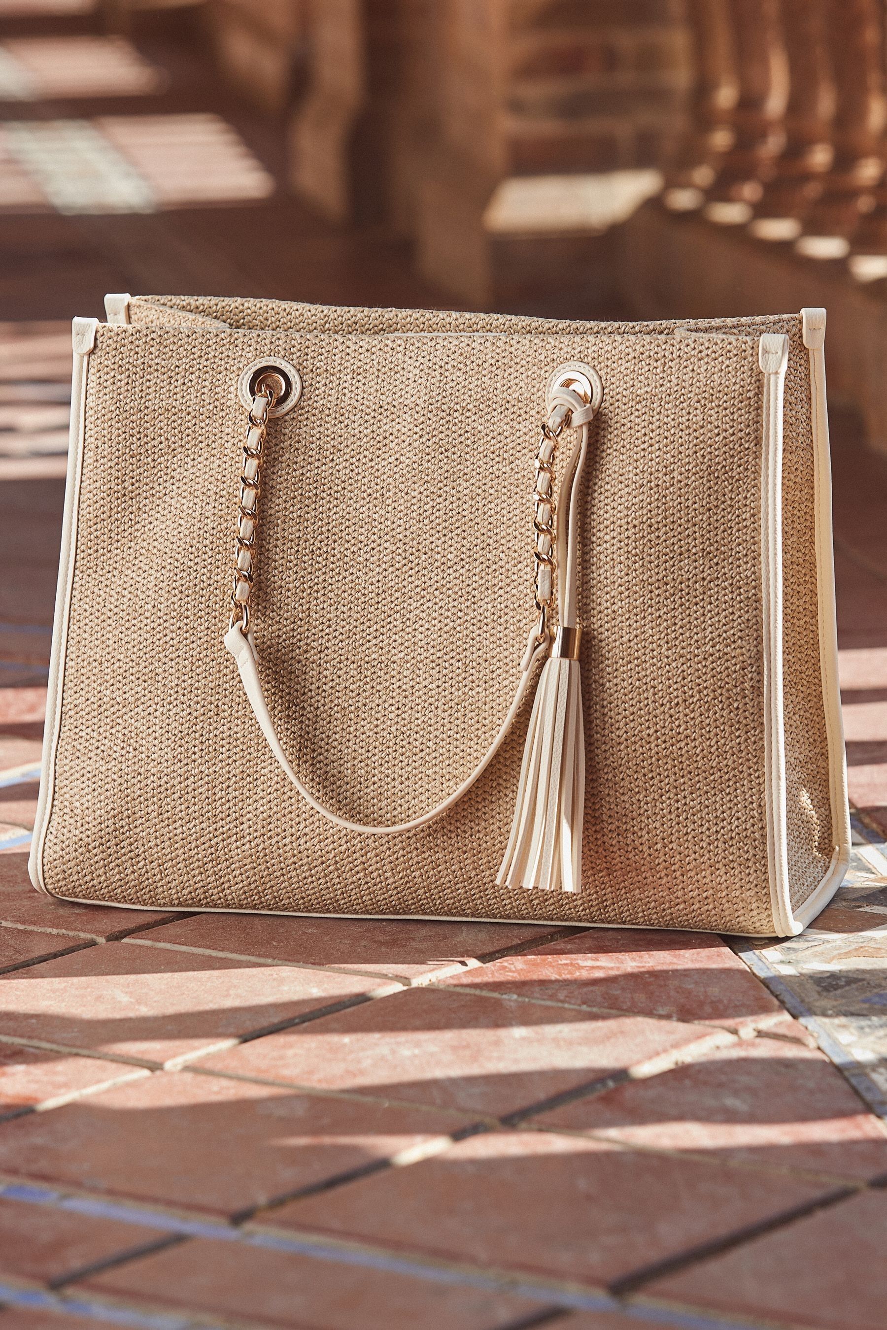 Buy Sosandar Natural Tassel Detail Raffia Tote Bag from the Next UK online shop