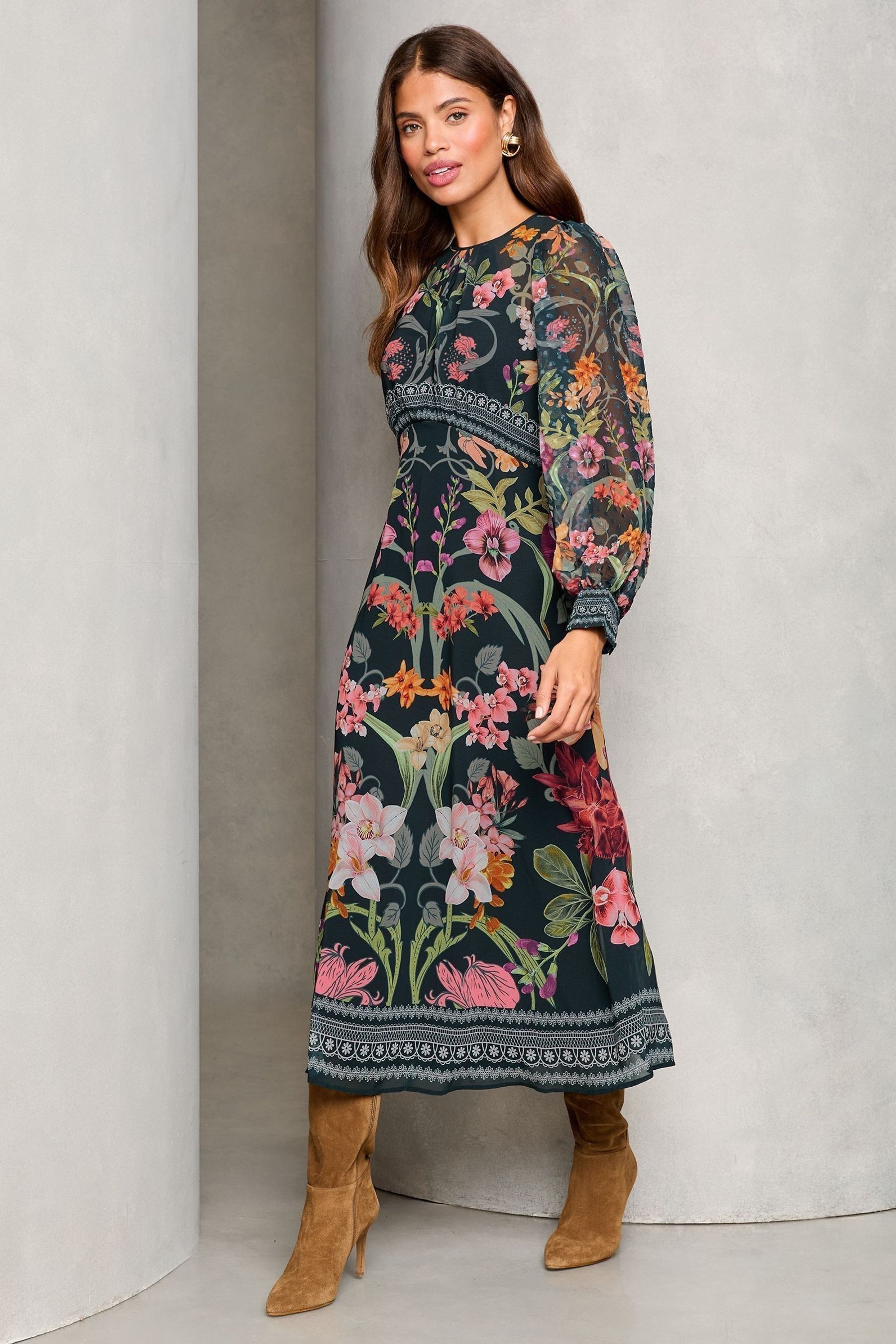 Lipsy Black Floral Petite Printed Woven Long Sleeve Underbust Midi Dress