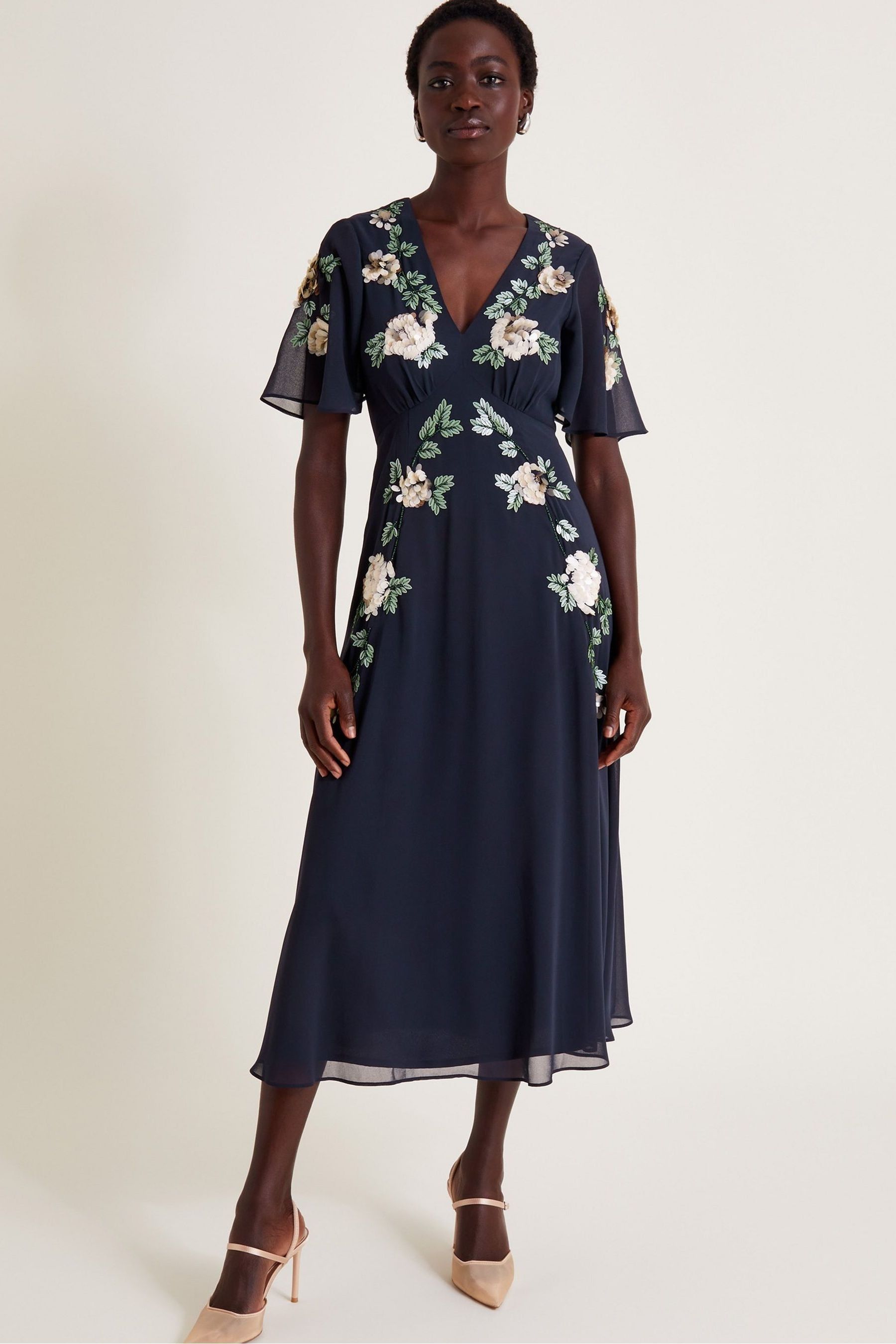 Buy Monsoon Blue Cora Floral Embellished Midi Tea Dress from Next Ireland
