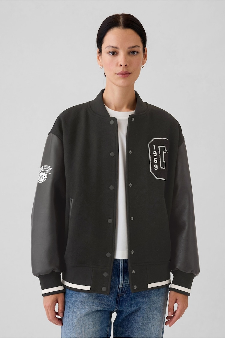 Gap Black Wool Blend Logo Varsity Boyfriend Bomber Jacket - Image 1 of 7