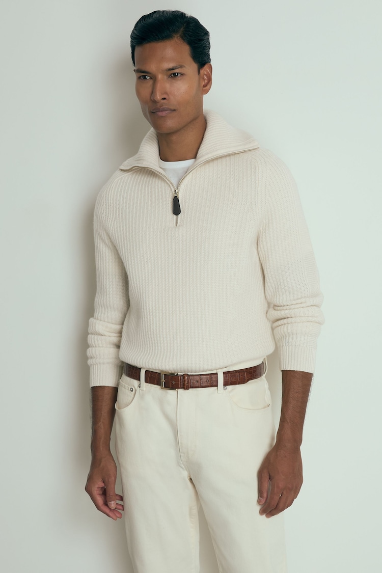 Reiss White Santo Atelier Ribbed-Cashmere Funnel-Neck Jumper - Image 1 of 7