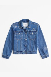 Abercrombie & Fitch Blue Varsity Oversized Denim Bomber Jacket - Image 1 of 4