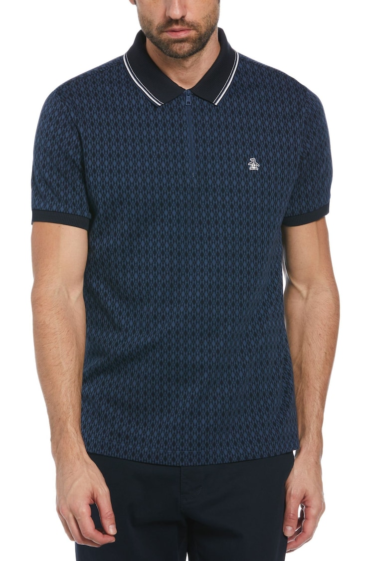 Original Penguin Blue Argyle Jacquard Zip Neck Polo Shirt in Sargasso Sea - Image 1 of 4