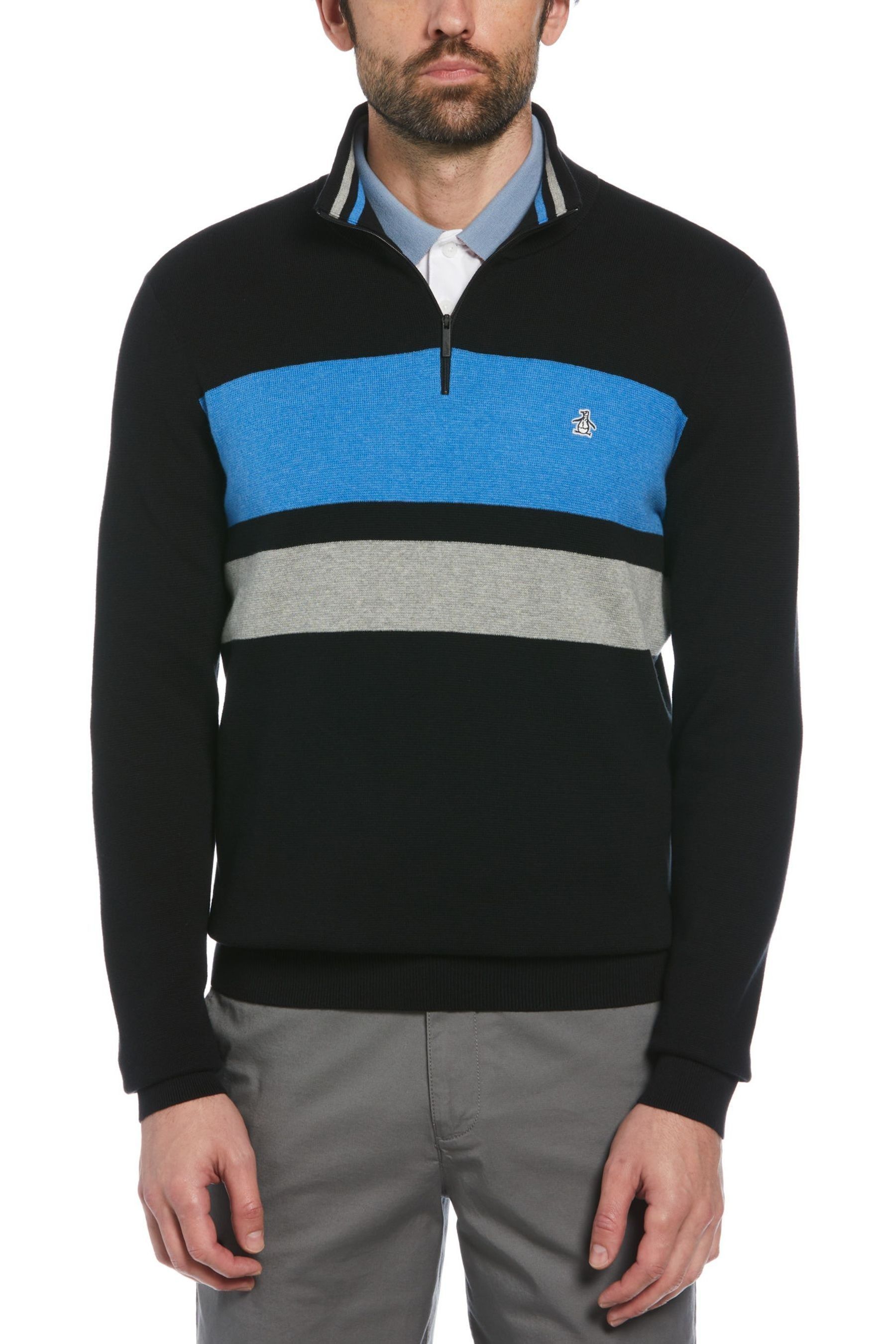 Original Penguin Quarter Zip Chest Stripe Polo Collar 100 Cotton Black Sweater