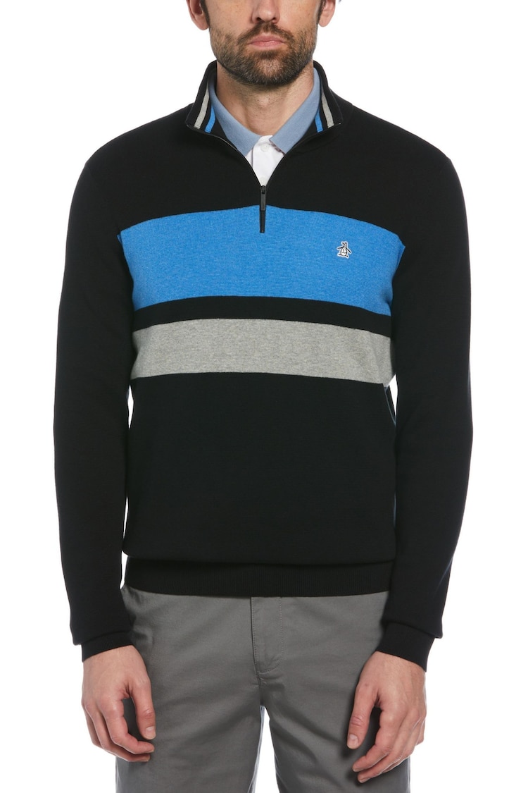 Original Penguin Quarter-Zip Chest Stripe Polo Collar Black Sweater - Image 1 of 4