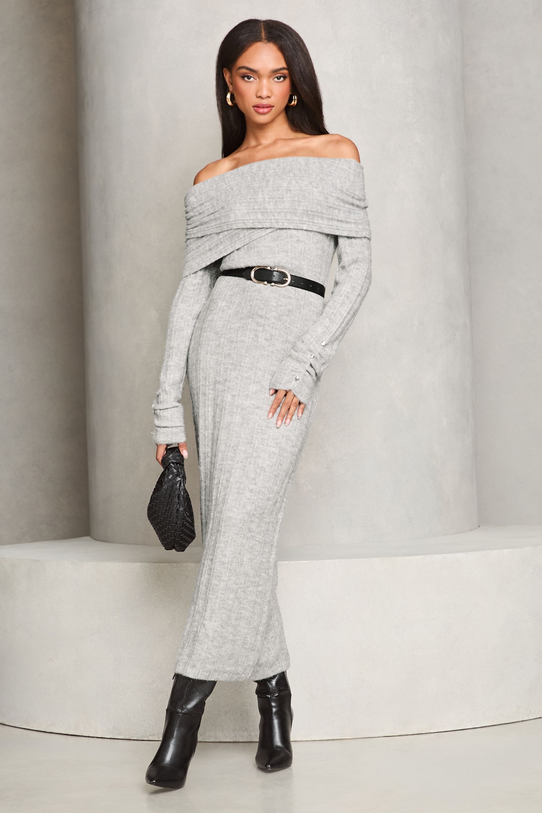 Buy Lipsy Grey Foldover Bardot Ribbed Knitted Jumper Dress from Next Oman