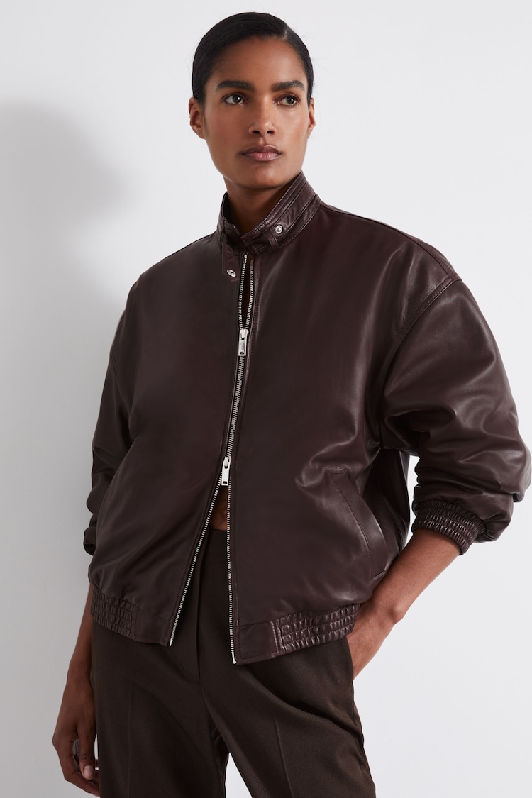 Reiss Berry Dru Atelier Leather Latched Collar Bomber Jacket - Image 1 of 6