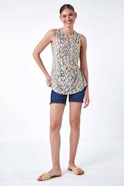 Roman Green Geometric Print Button Sleeveless Top - Image 1 of 5