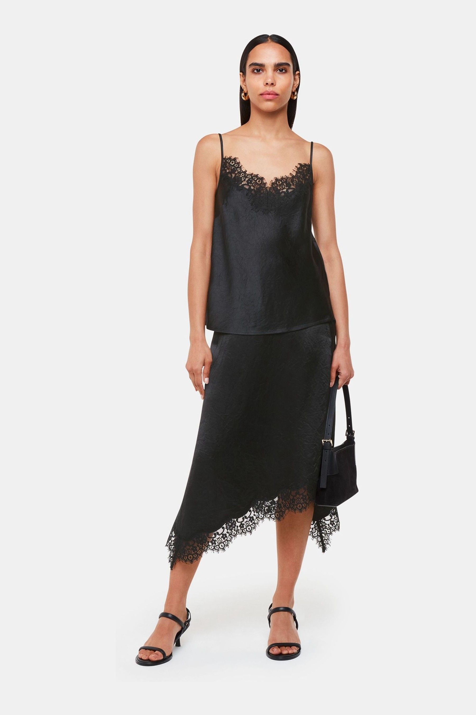 Black midi skirt with lace trim new arrivals
