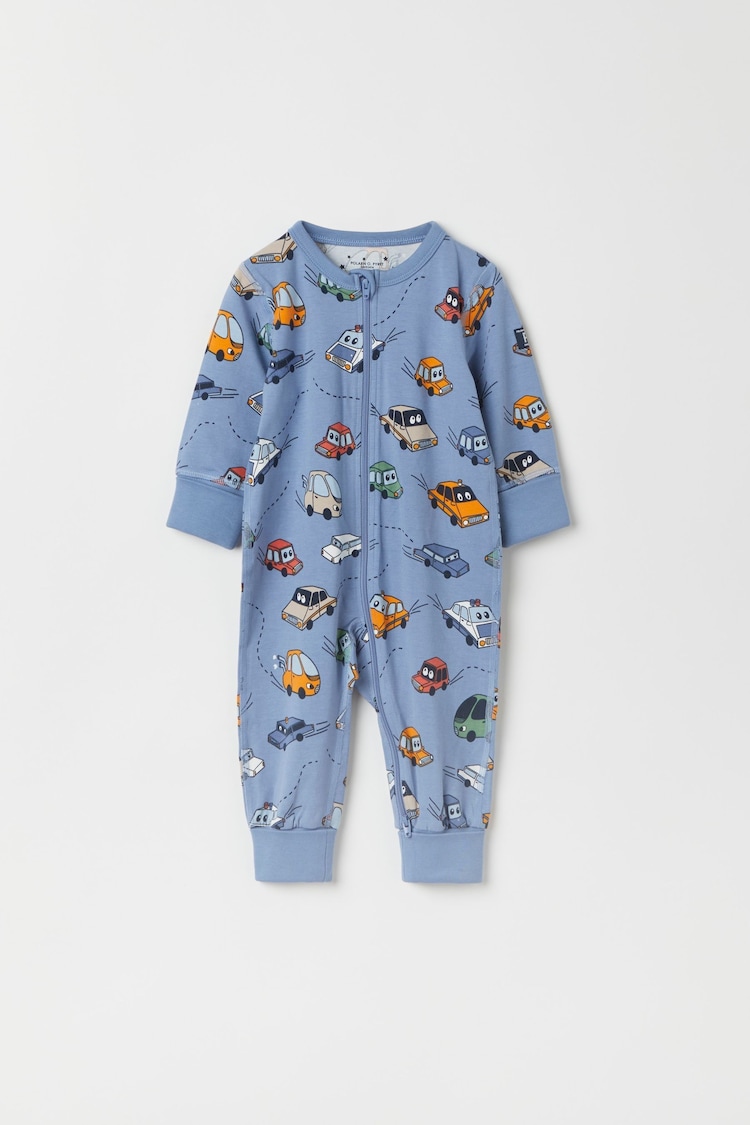 Polarn O. Pyret Blue Organic Cotton Car Print Sleepsuit - Image 1 of 4