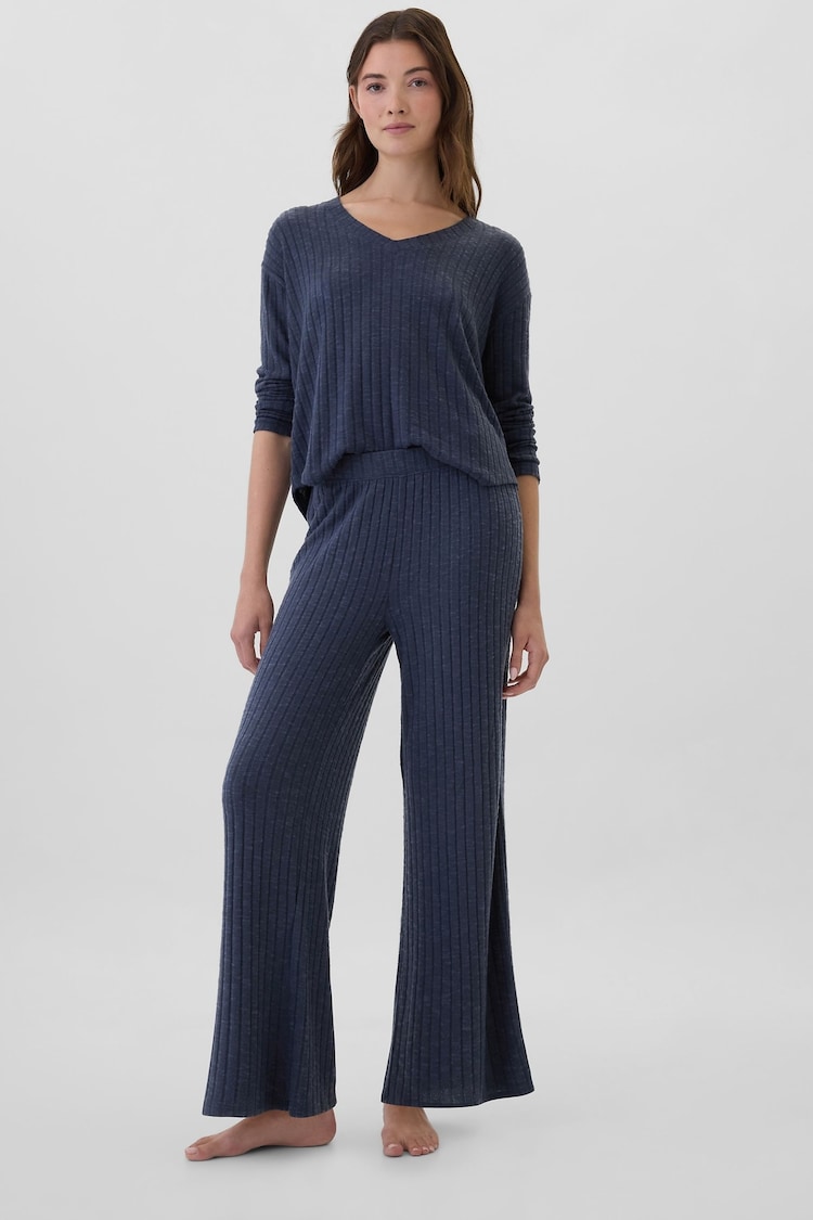 Gap Blue Relaxed Ribbed Wide-Leg Pyjama Bottoms - Image 1 of 4