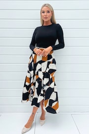 AX Paris Geometric Print 2 in 1 Long Sleeve Double Frill Split Black Midi Dress - Image 1 of 4