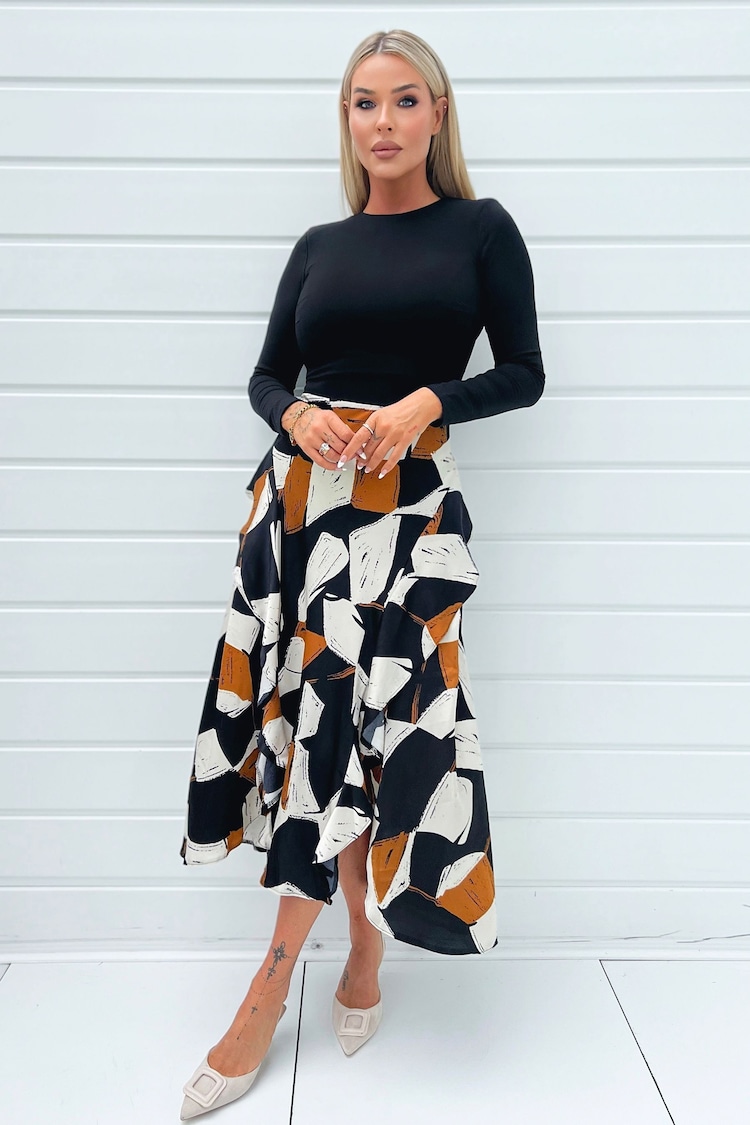 AX Paris Geometric Print 2 in 1 Long Sleeve Double Frill Split Black Midi Dress - Image 1 of 4