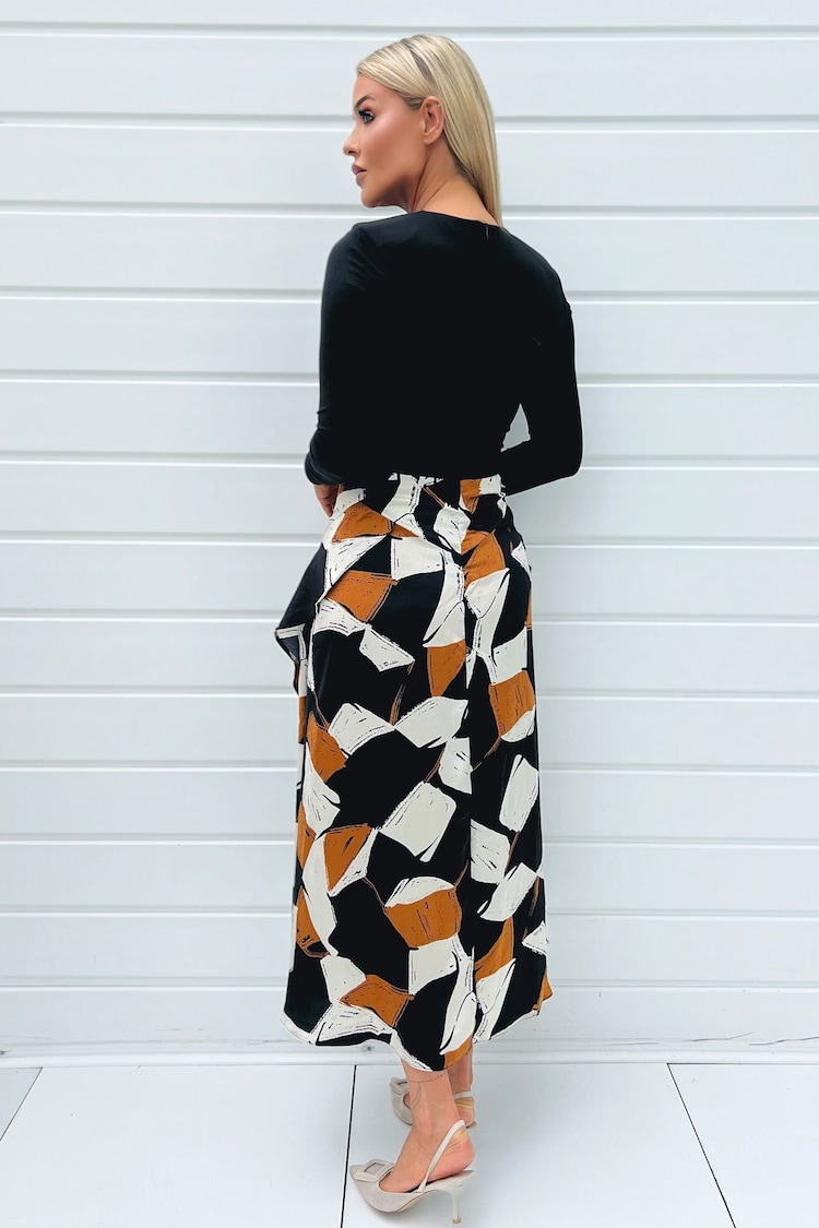 AX Paris Geometric Print 2 in 1 Long Sleeve Double Frill Split Black Midi Dress - Image 2 of 4