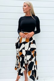 AX Paris Geometric Print 2 in 1 Long Sleeve Double Frill Split Black Midi Dress - Image 3 of 4