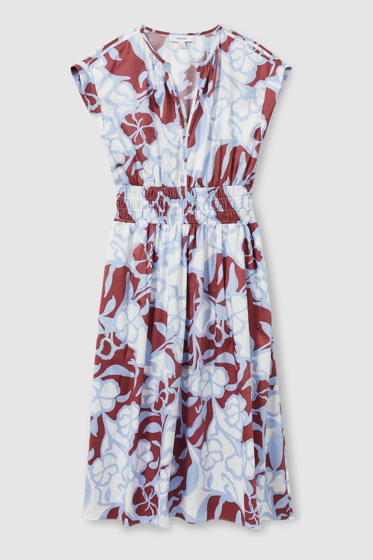 Reiss Blue Lena 100% Cotton Poplin Floral-Print Midi Dress - Image 2 of 6