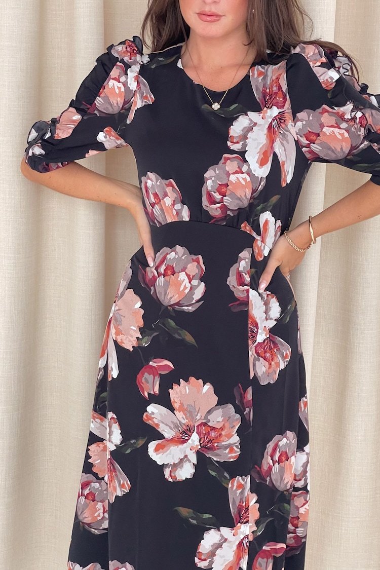 Girl In Mind Black Samira Floral Frill Sleeve Midi Dress - Image 4 of 4