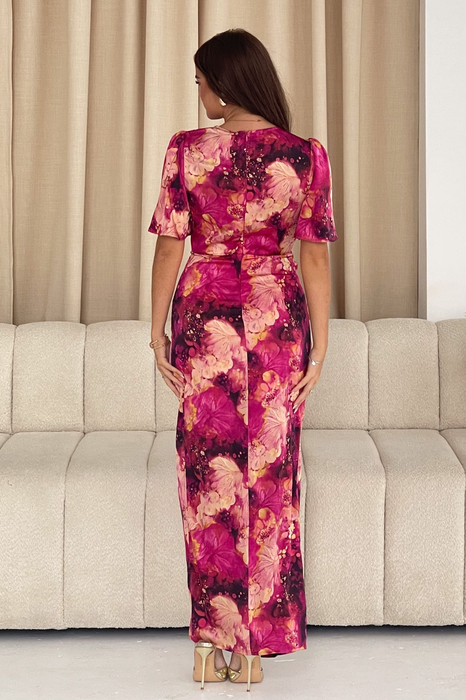 Buy Girl In Mind Purple Genevieve Wrap Front Angel Sleeve Floral Maxi Dress from Next Canada