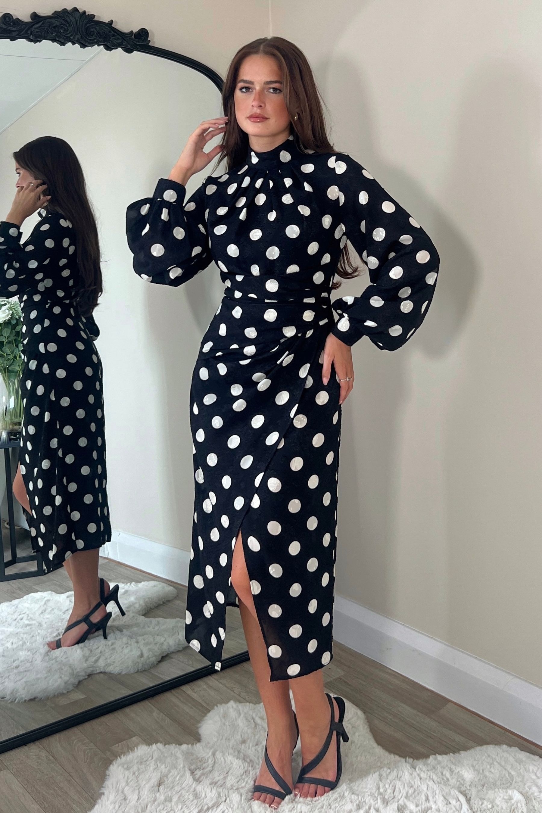 Buy Girl In Mind Black Tessa Spotted Wrap Long Sleeve Midi Dress from Next Belgium