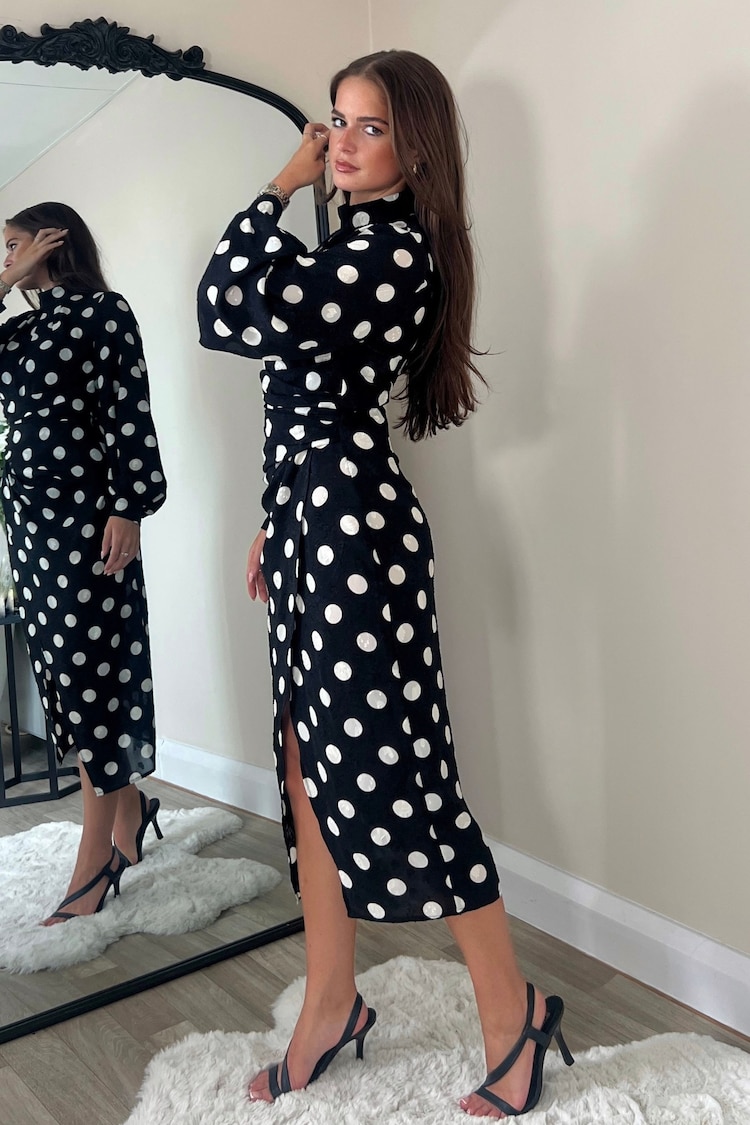 Girl In Mind Black Tessa Spotted Wrap Long Sleeve Midi Dress - Image 2 of 4