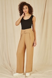 Yumi Brown Wide Leg Trousers With Front Buckle Detail - Image 1 of 4