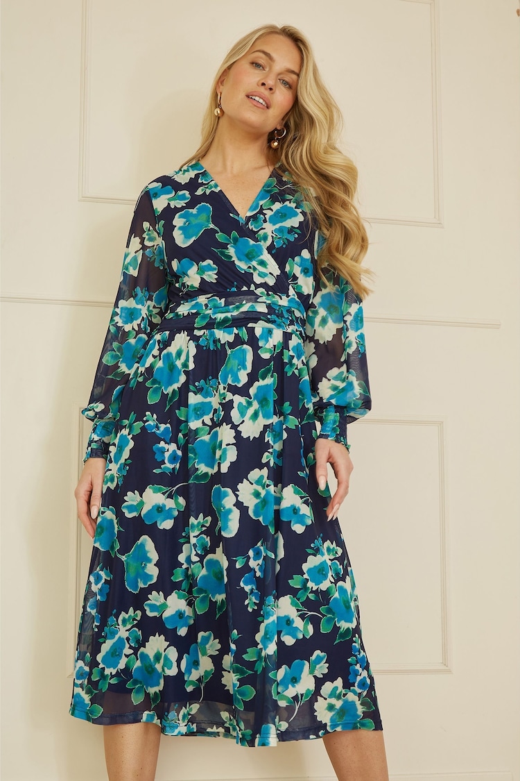 Yumi Blue Floral Mesh Wrap Dress With Long Sleeves - Image 1 of 4