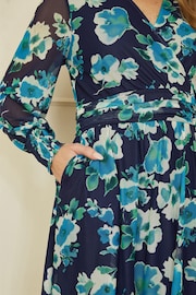 Yumi Blue Floral Mesh Wrap Dress With Long Sleeves - Image 3 of 4