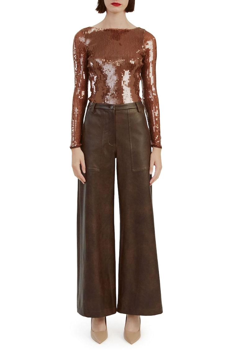 Bardot Brown Vegan Leather Wide Leg Trousers - Image 1 of 4