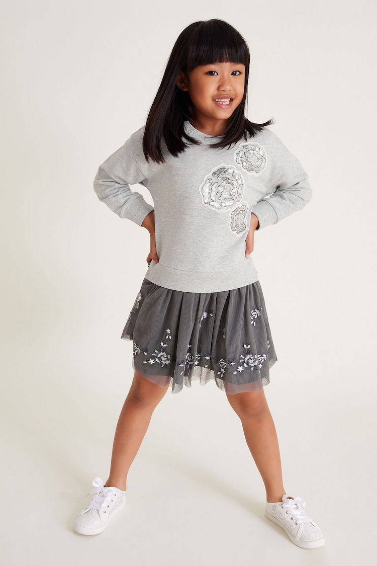 Monsoon Grey Rose Embellished 2-in-1 Sweatshirt Dress - Image 1 of 4