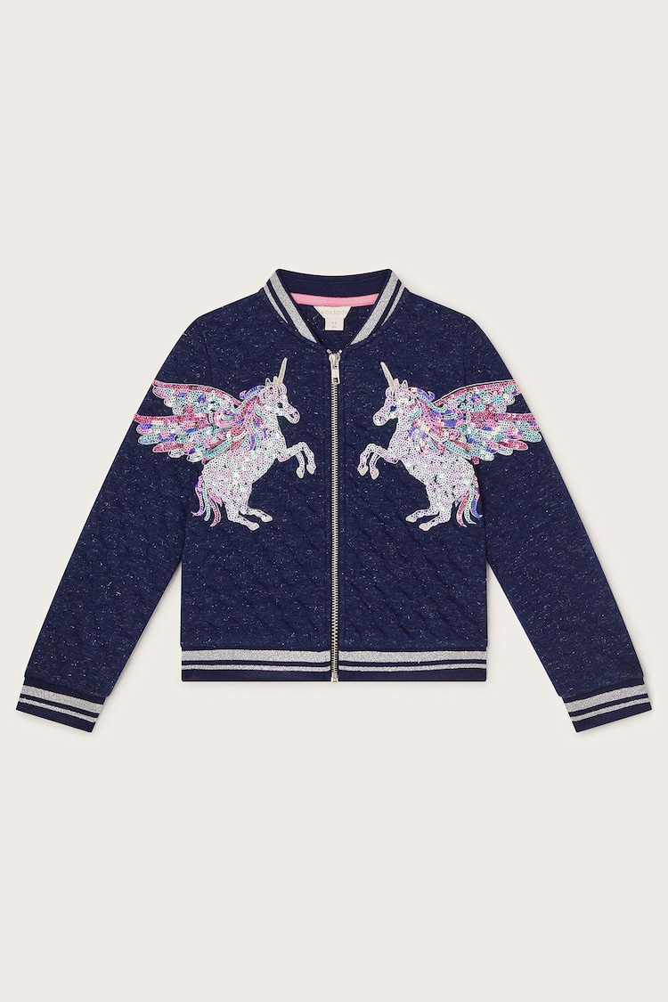 Monsoon Blue Sequin Unicorn Quilted Bomber Jacket - Image 2 of 7