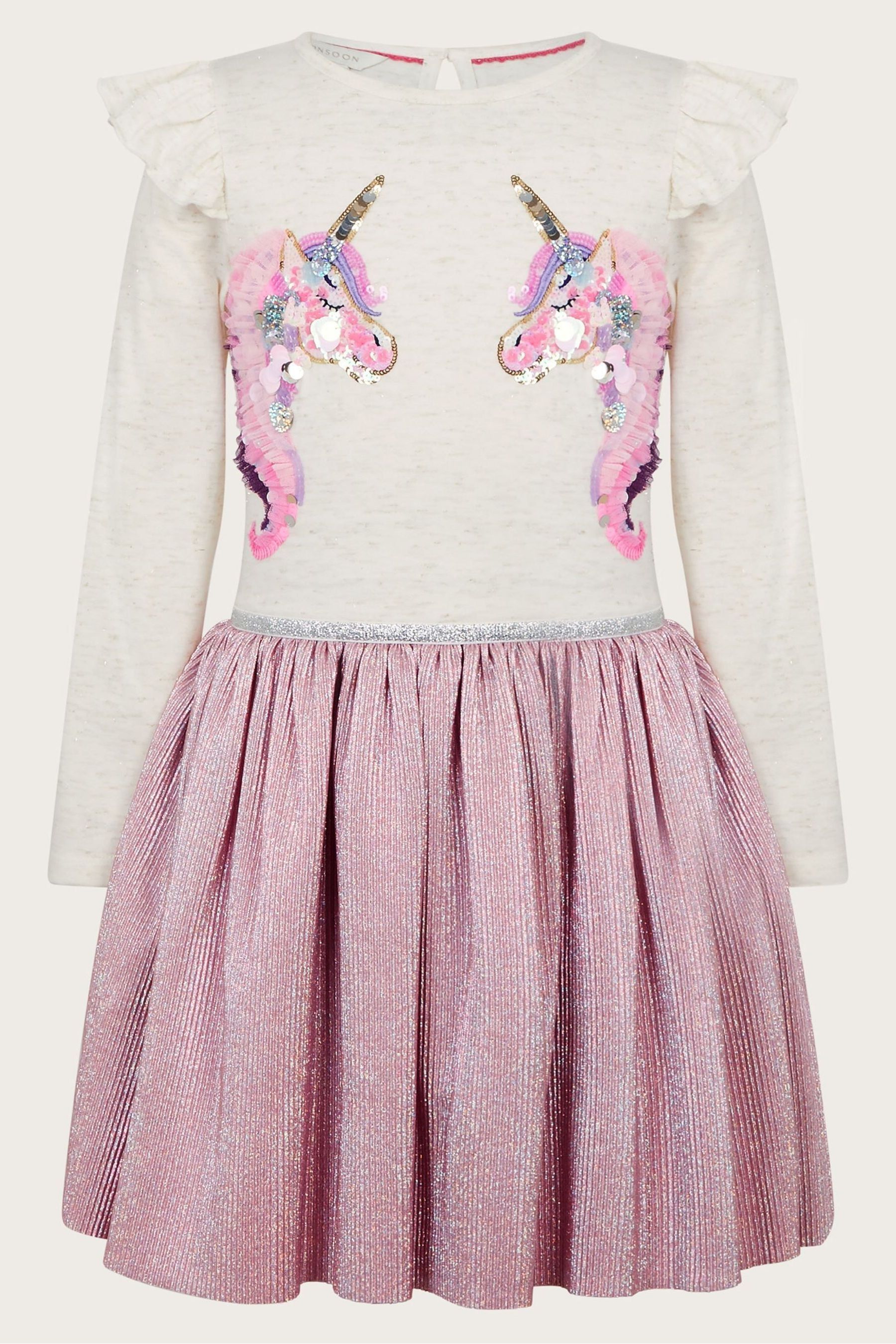 Monsoon Pink Unicorn Metallic Long Sleeve Disco Dress