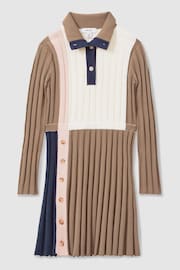 Reiss Camel Kleo 13-14 yrs Ribbed Colourblock Funnel Neck Dress - Image 1 of 4