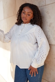 Live Unlimited Cream Live Unlimited Curve Cotton Cut Work Detail 100% Cotton Blouse - Image 2 of 5