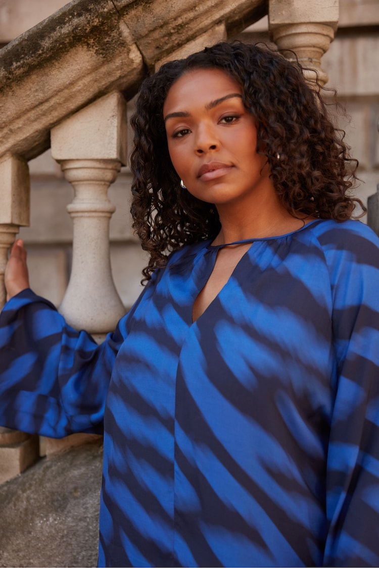 Live Unlimited Curve Blue & Black Printed Keyhole Blouse - Image 2 of 2