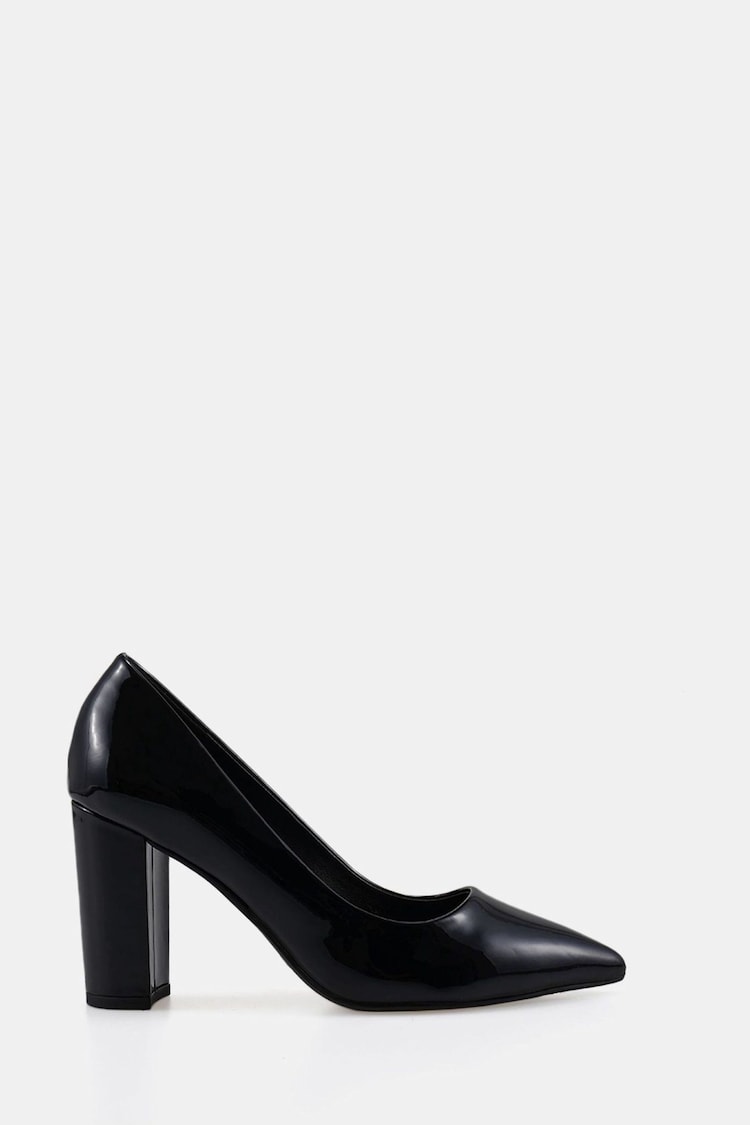 Novo Black Patent Regular Fit Illiana Block Heel Point Court Shoes - Image 2 of 6