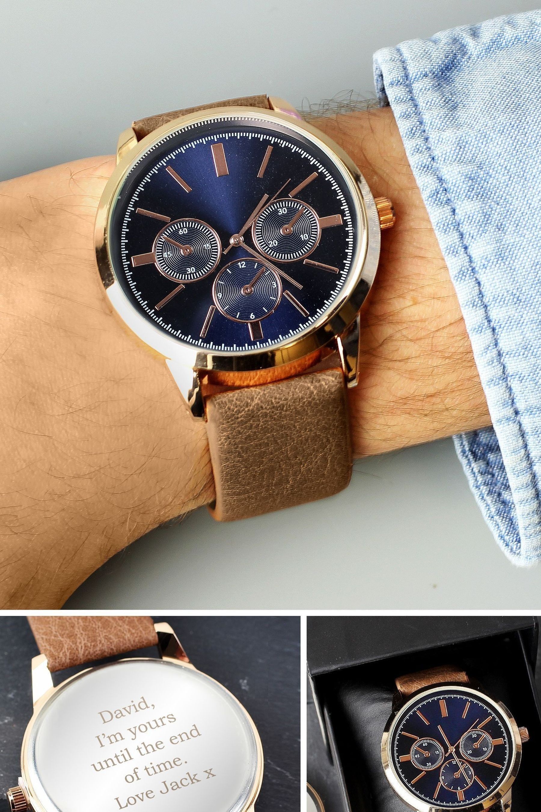 Personalised Mens Rose Gold Watch with Brown Strap