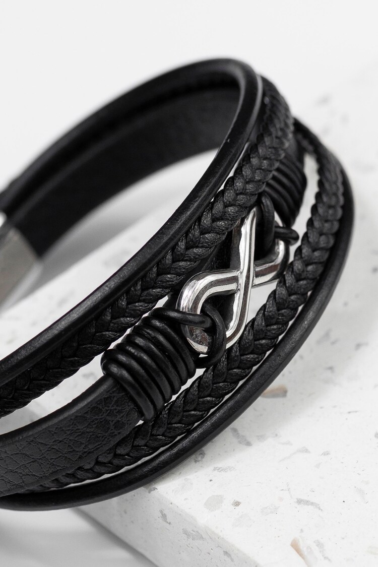 Treat Republic Mens Personalised Infinity Gunmetal Leather Stacked Black Bracelet - Image 4 of 5