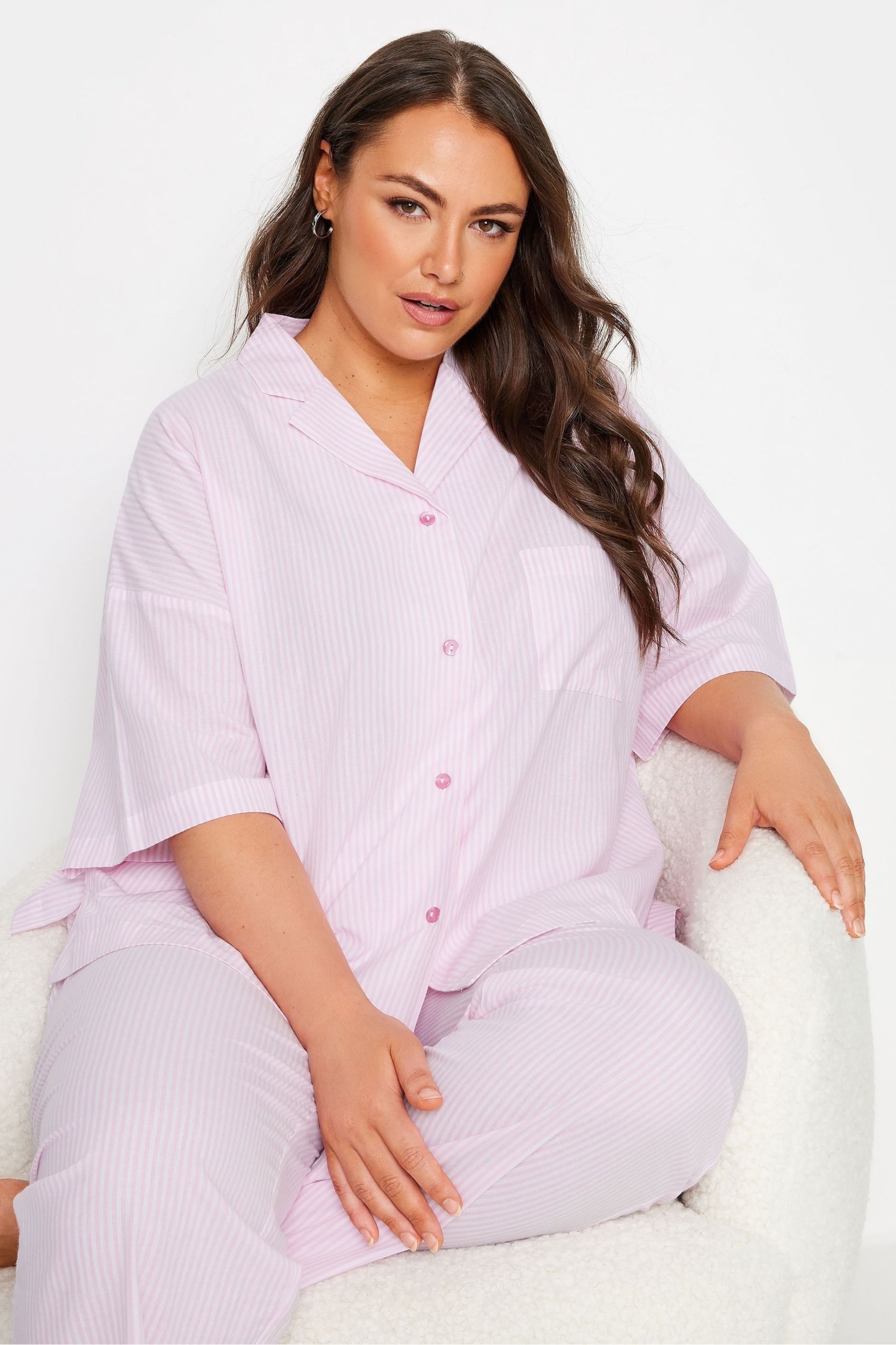 Yours Curve Pink Boyfriend Woven Stripe Shirt - Image 1 of 5